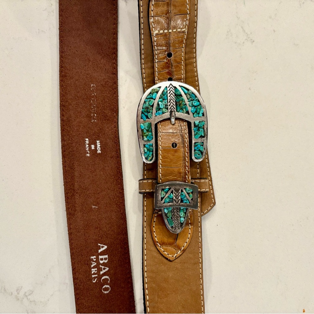 Brown Leather/Suede Belt with Turquoise Buckle - Picture 2 of 4